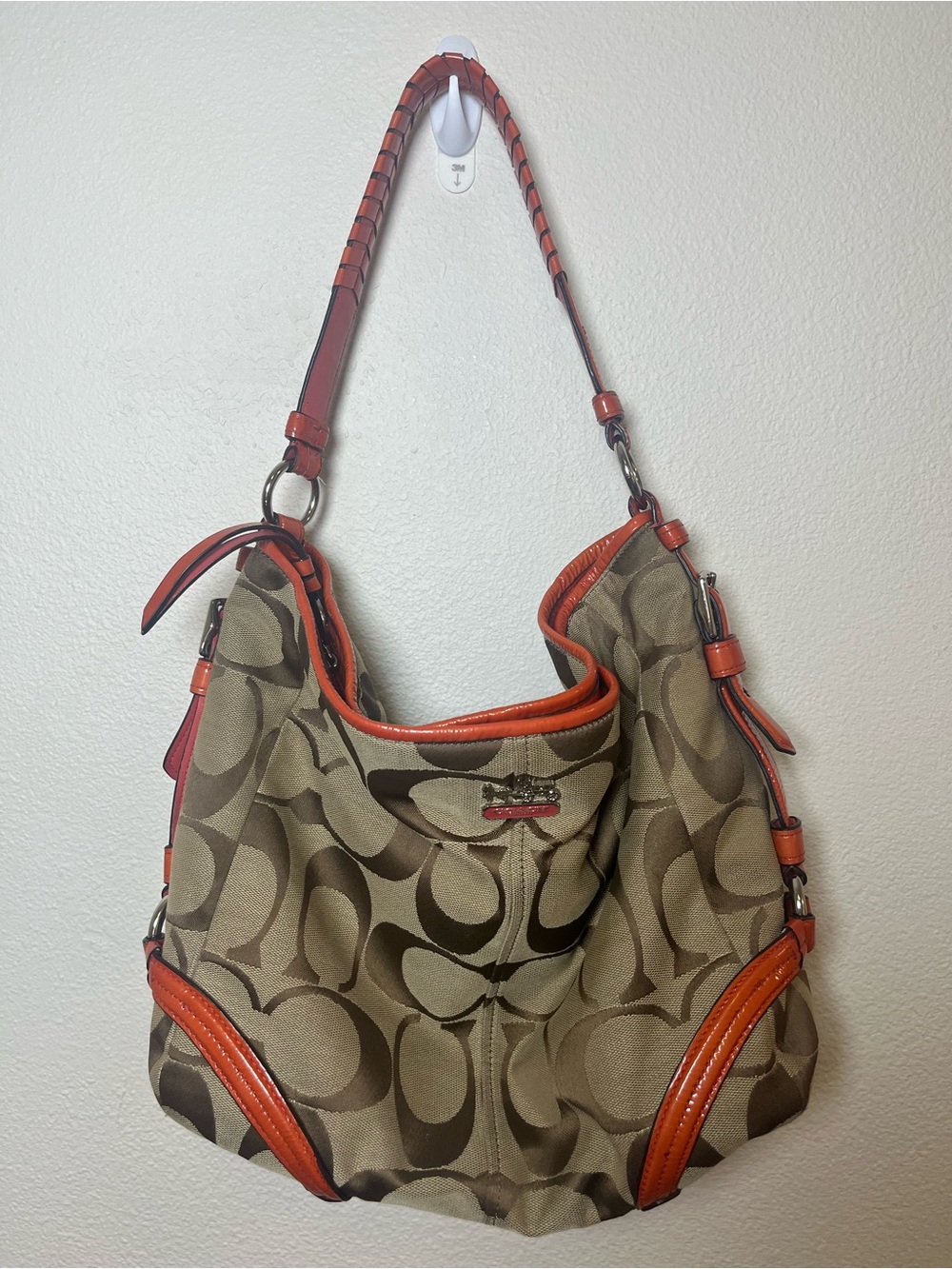 Coach Khaki Signature Canvas Hobo with Orange Trim